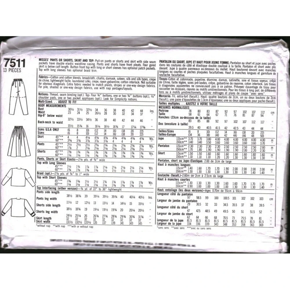 Simplicity 7511 Easy Essentials Sewing Pattern Top Pants Skirt Shorts Size 12-16